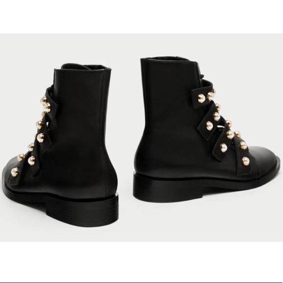 Zara Combat Faux Pearl Strap Ankle Boots - Picture 8 of 8